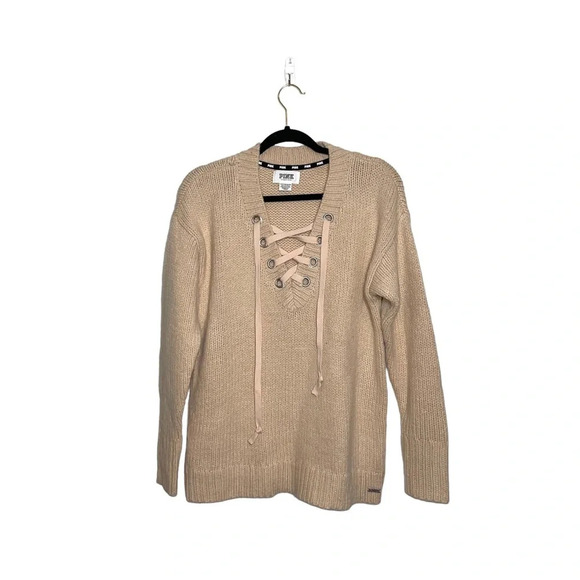 PINK Victoria’s Secret Cream Lace-up Front Oversized Sweater Xsmall Women’s - Picture 10 of 10